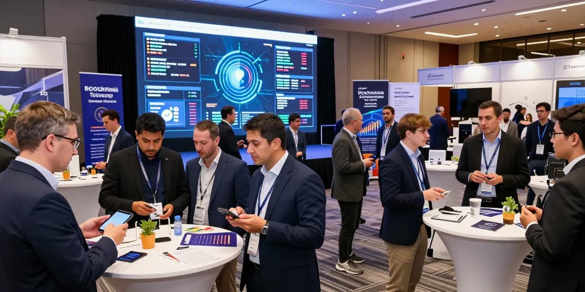 Networking professionals at a blockchain 2026 conference showcasing innovations and collaborations in a vibrant setting.
