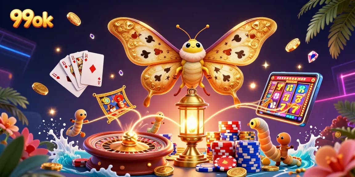 Win big with 99ok featuring a cartoon atlas moth amidst shimmering casino elements.