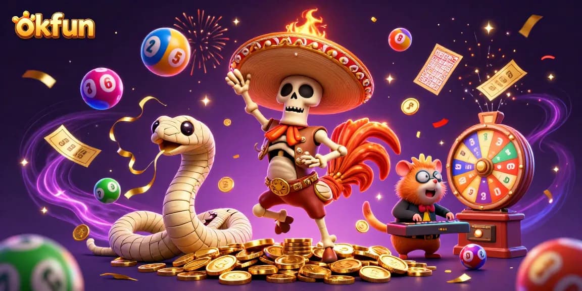 Experience thrilling gaming excitement at okfun with a 3D vibrant casino celebration illustration.