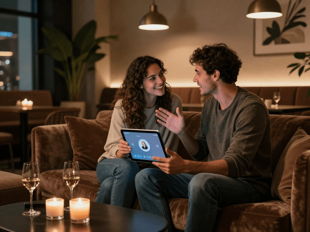 Couple engaging in ai sex conversation with AI assistant on tablet in a cozy lounge