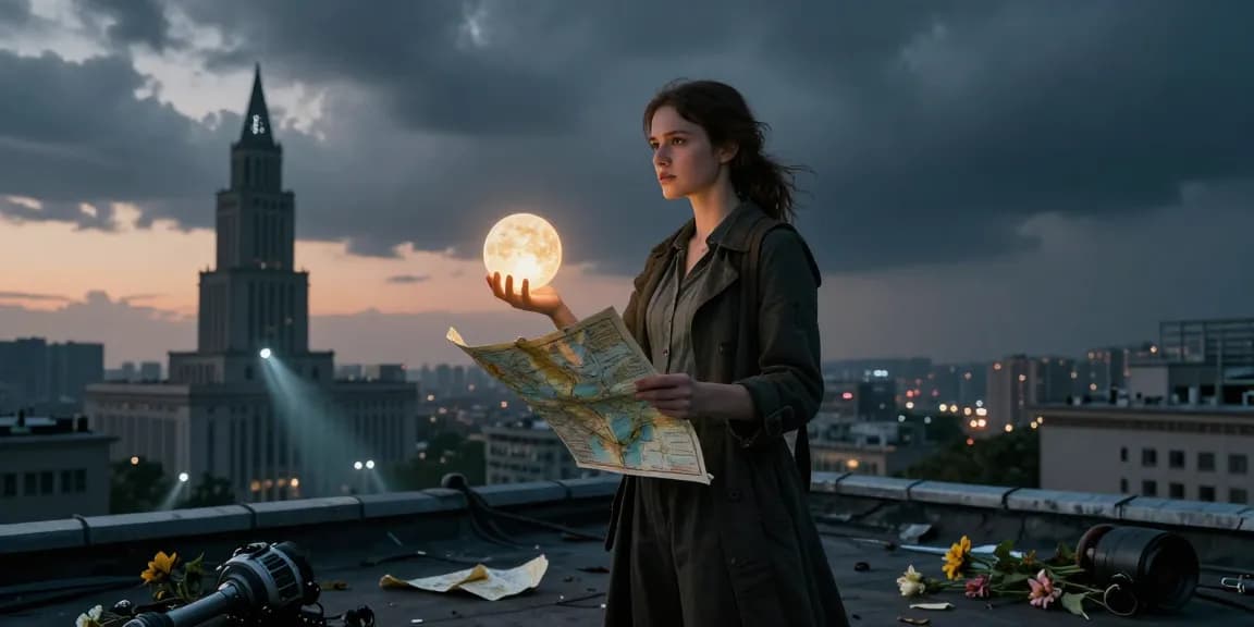 Emma stands on a rooftop in a dystopian city, symbolizing the heroic sacrifice in a sci-fi series, clutching a glowing orb of emotions.