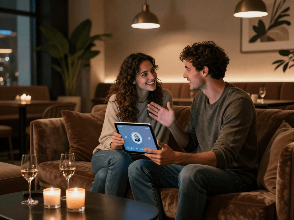 Couple engaging in ai sex conversation with AI assistant on tablet in a cozy lounge