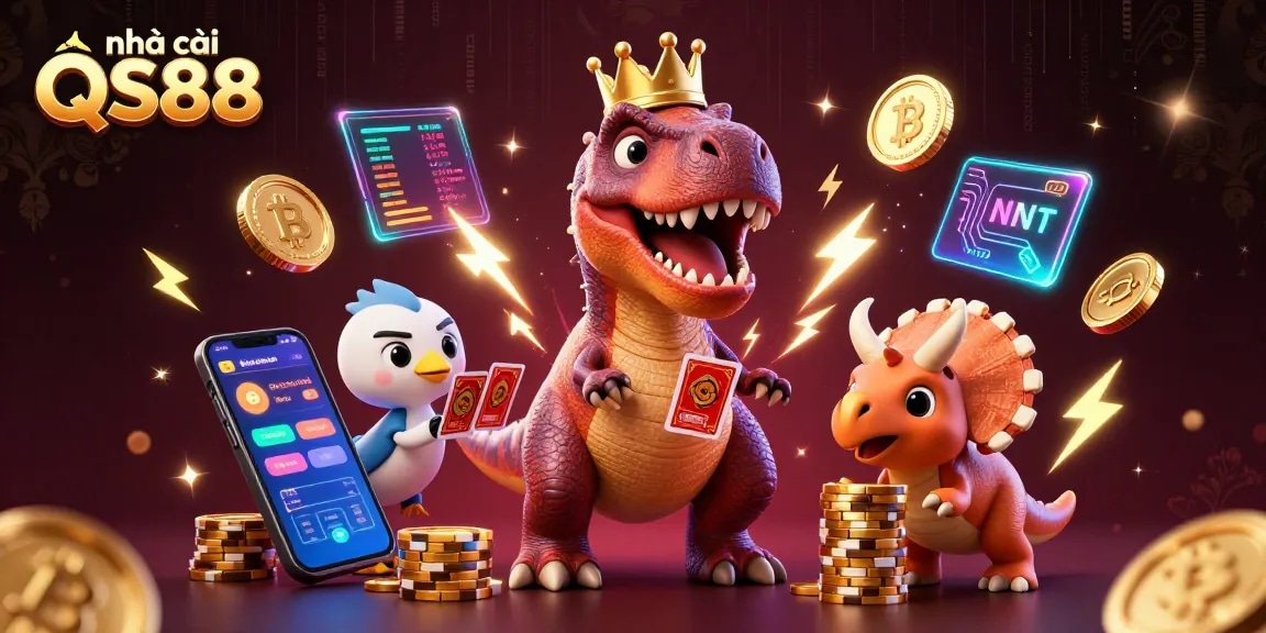 Play with nhà cái QS88 at a vibrant casino scene featuring a T-Rex shuffling cards and friendly characters.