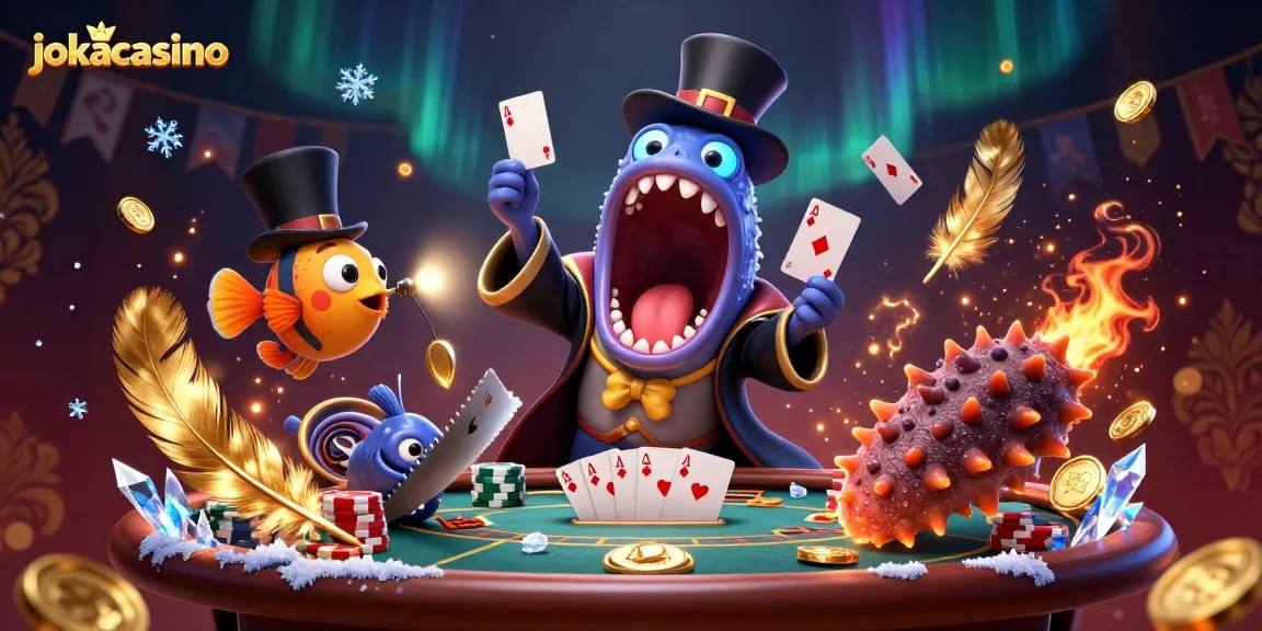 Engage with the jokacasino magic act featuring a deep-sea eel, anglerfish, and sea cucumber amidst poker elements.