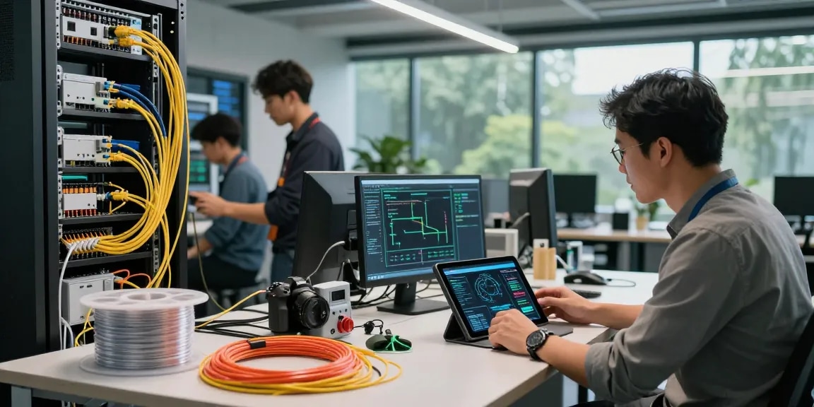 Project manager inspecting fiber cable networks in a modern data center.