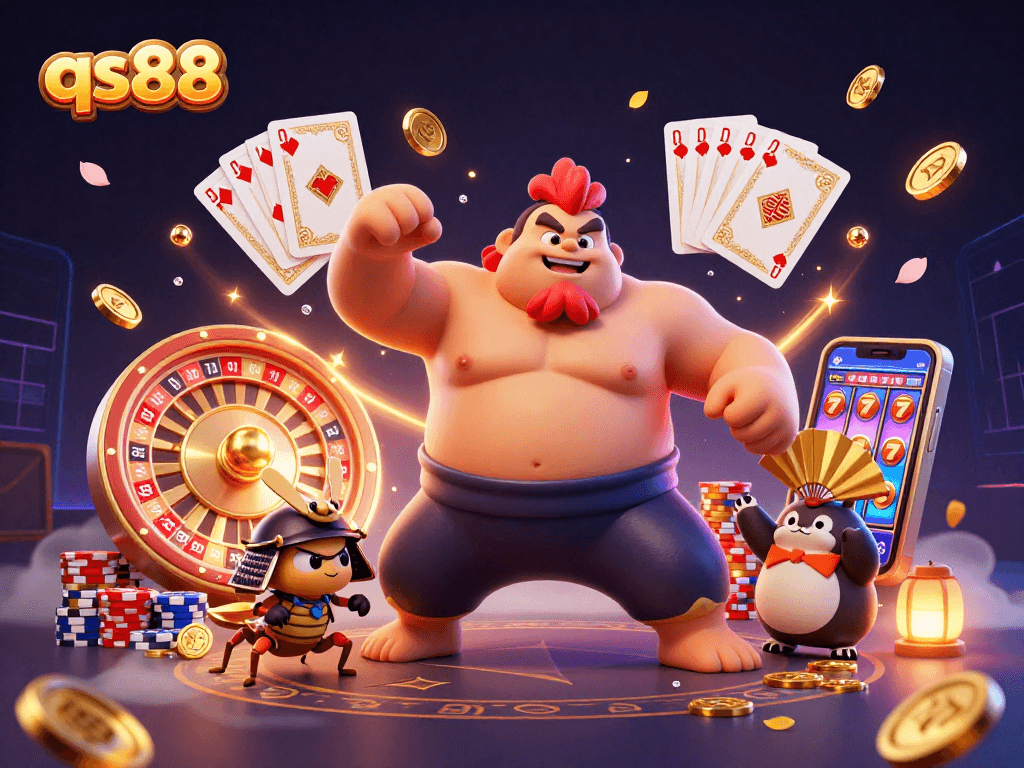 Engage in the dynamic realm of qs88 casino, featuring exciting characters amidst cascading winnings and vibrant game elements.