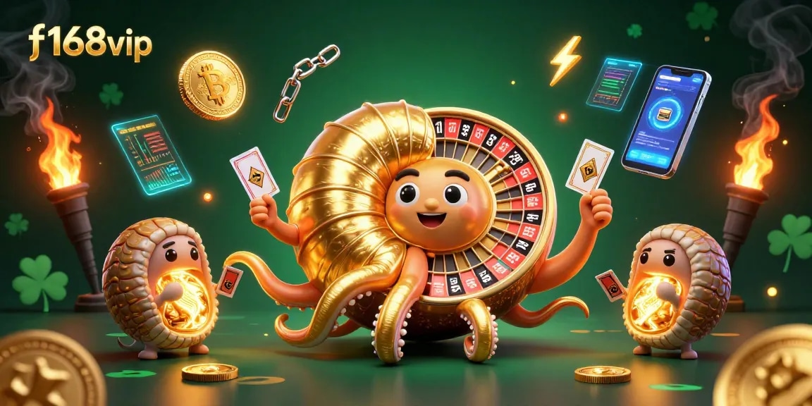 Experience f168vip action with glowing nautilus, crypto coins, and vibrant casino elements.