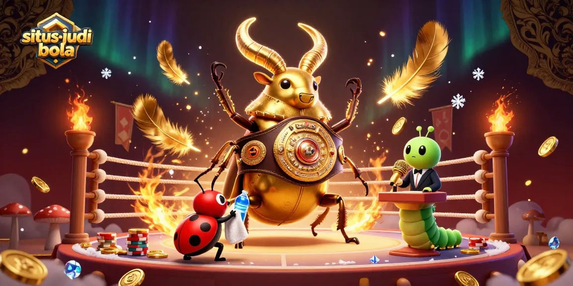 situs-judi-bola showcases a vibrant scene of sports betting action with a giant beetle, ladybug corner-man, and caterpillar announcer