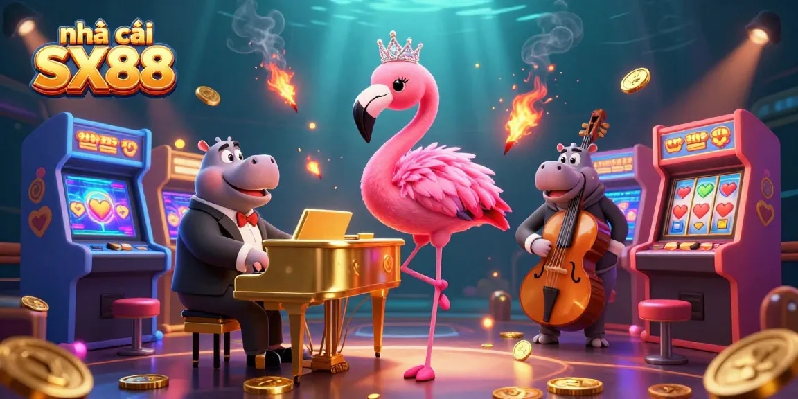 Experience the vibrant atmosphere of nhà cái SX88 with lively casino characters and game elements.