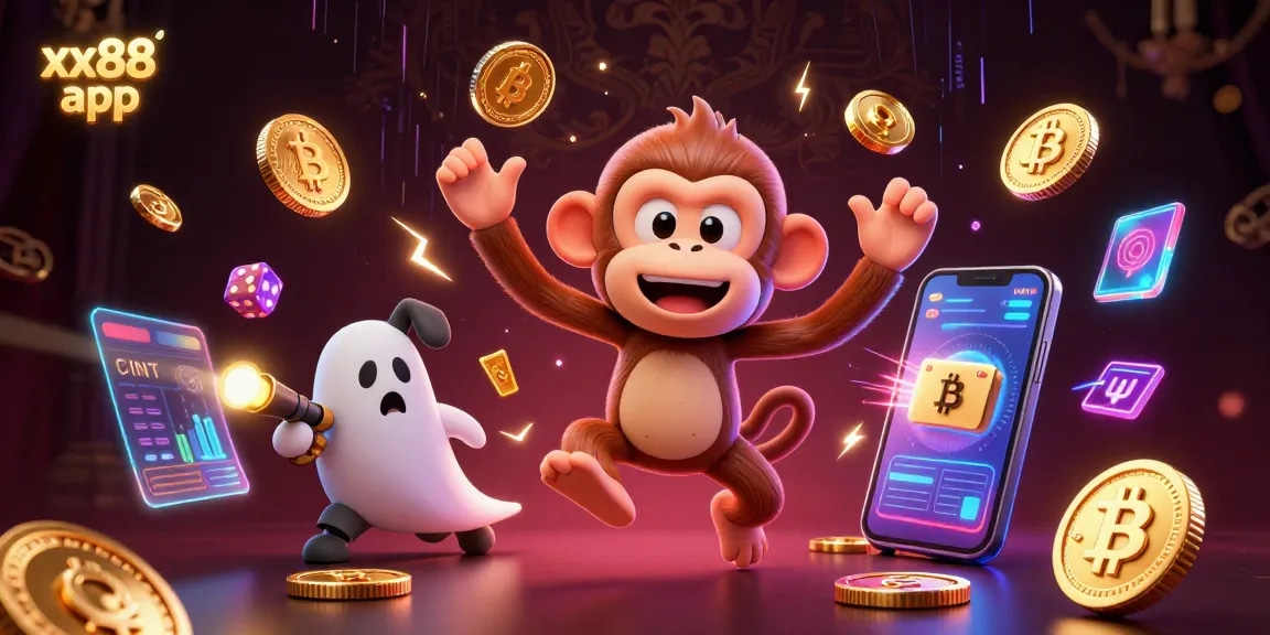 Experience the thrilling xx88 app with a mischievous poltergeist monkey and a curious puppy in a haunted casino.
