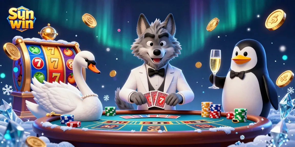 Engage with Sun win's captivating baccarat scene featuring a debonair wolf and elegant swan.