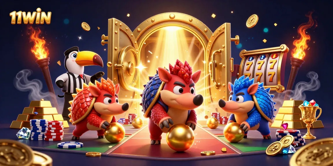 Engage in thrilling slot action with 11WIN's vibrant pangolin characters and casino treasures.