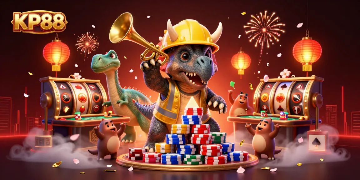 Experience the lively world of KP88 with a triceratops building poker chip pyramids in a vibrant casino scene.