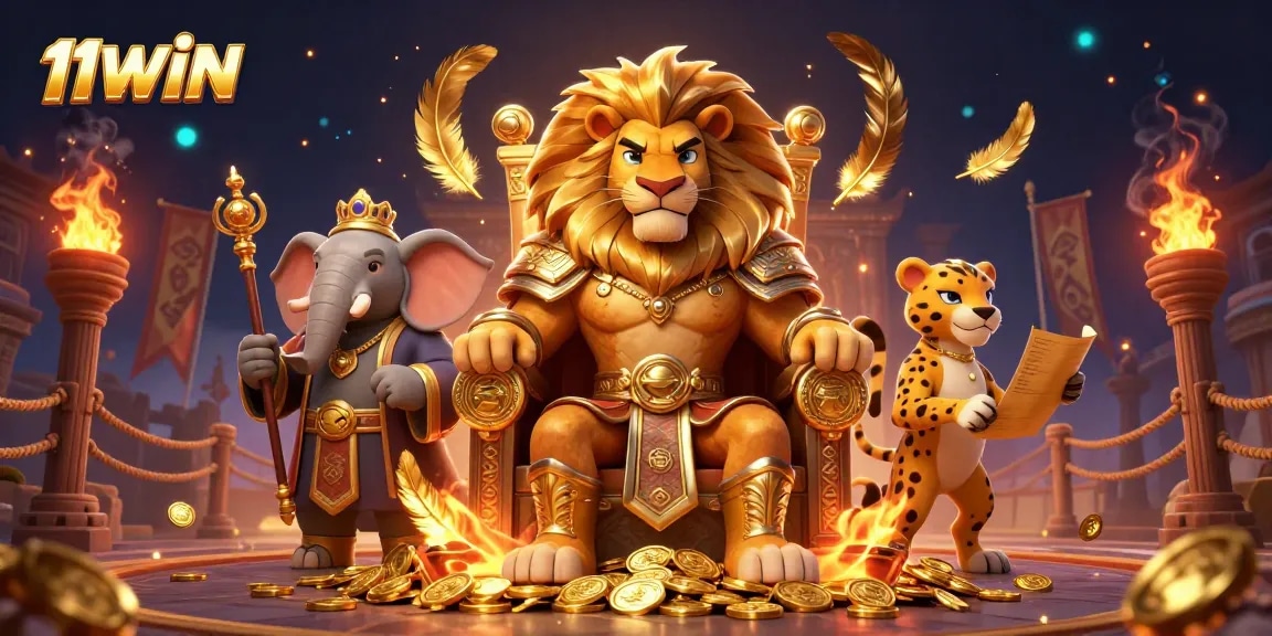 11WIN reigns supreme in this vibrant casino scene with royal characters and dynamic betting elements.