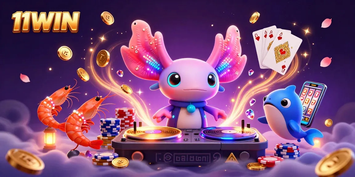 11WIN brings excitement with a neon axolotl DJ and poker elements in a vibrant casino scene.