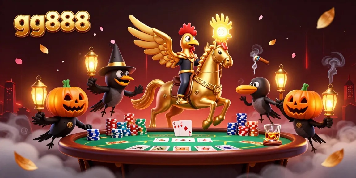 Experience the magical atmosphere of gg888 as the golden rooster rides through a lively casino.