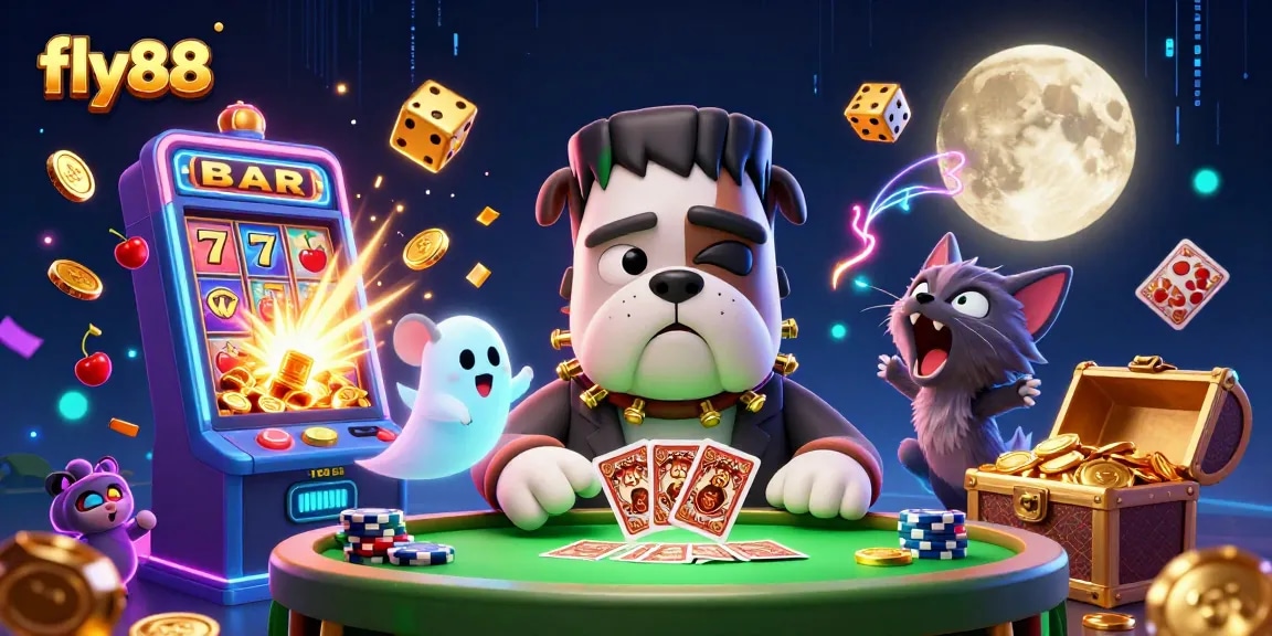 Experience the excitement of fly88 with a vibrant casino illustration featuring a cartoon bulldog and a treasure-filled slot!