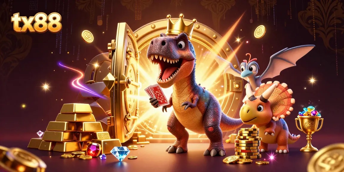 Experience thrilling gameplay at tx88 with friendly characters amid a treasure-filled casino scene.