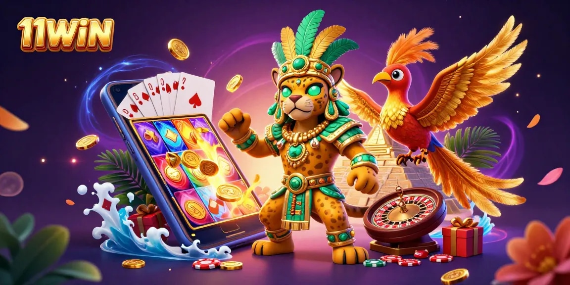 Play colorful slots with 11WIN's immersive casino experience, featuring a Mayan jaguar priest and vibrant game elements.