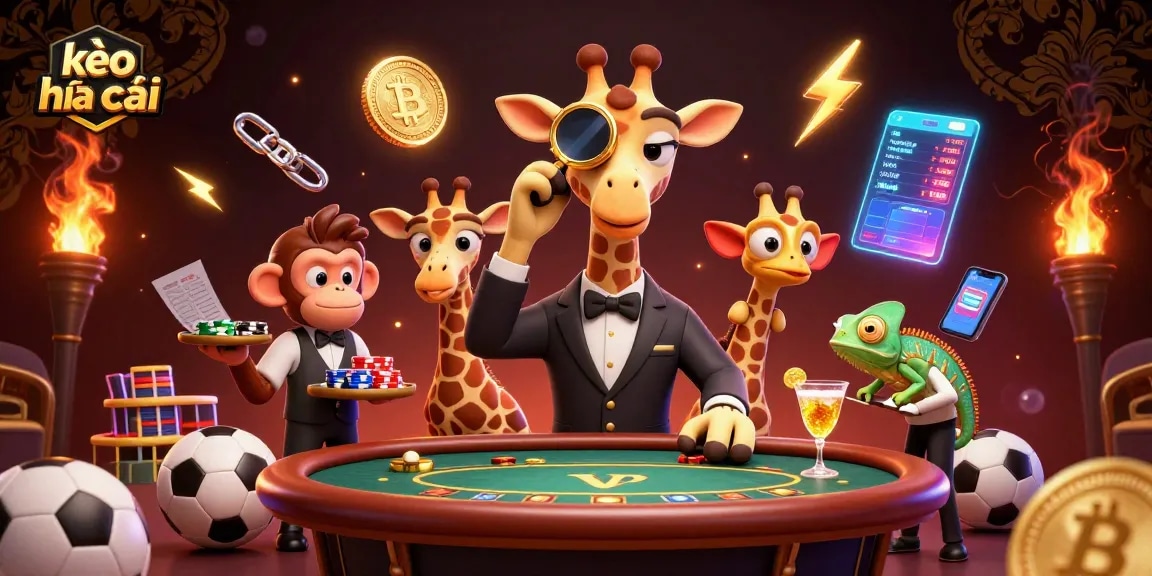 Experience thrilling sports betting with kèo nhà cái as a high-roller giraffe plays poker surrounded by vibrant gambling elements.