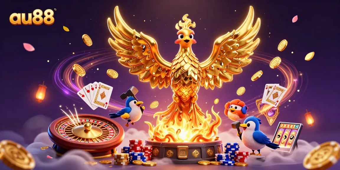 Experience thrilling gameplay at au88 with a stunning golden phoenix and vibrant casino elements.