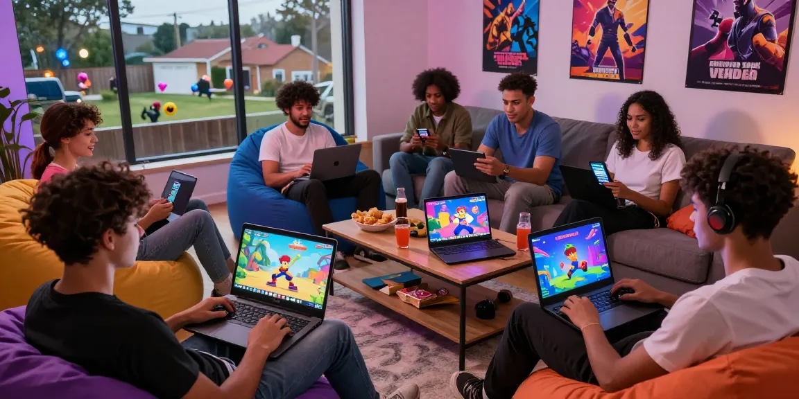 Engaging group playing free porn games online in a cozy living room setting.