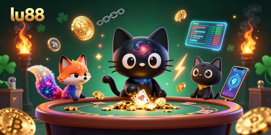 Engage with lu88 in a vibrant casino scene featuring a charming black hole cat and colorful cosmic elements.