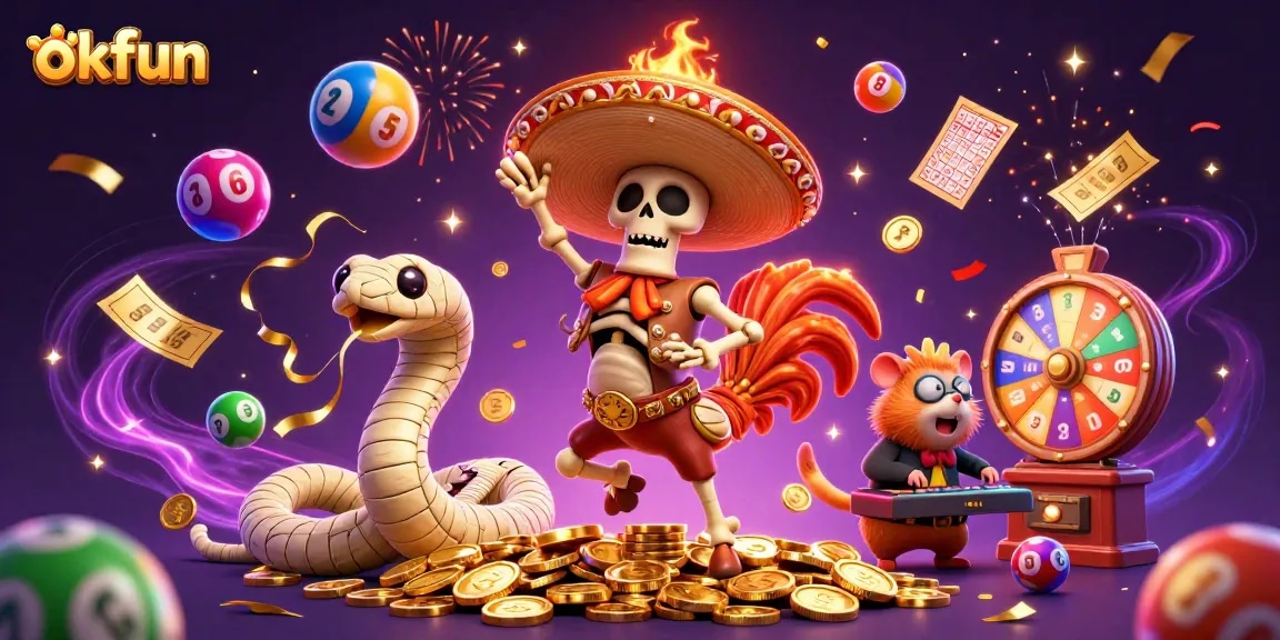 Experience thrilling gaming excitement at okfun with a 3D vibrant casino celebration illustration.