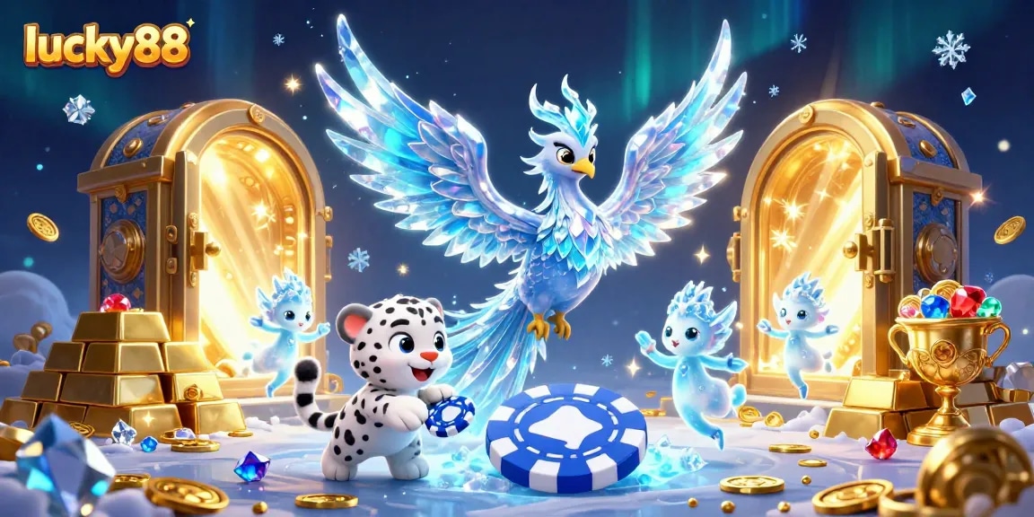 Play your favorite games at lucky88, with vibrant ice-themed characters and glimmering casino elements.