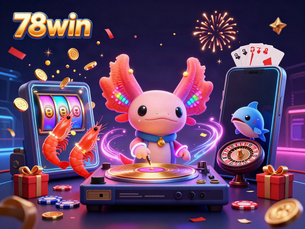 Experience vibrant casino fun at 78win with a neon axolotl DJ and lively game elements.