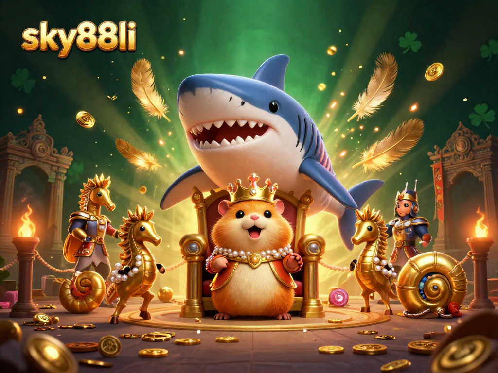 Experience the thrill of sky88li with an animated illustration featuring a fierce hamster king and gaming elements.