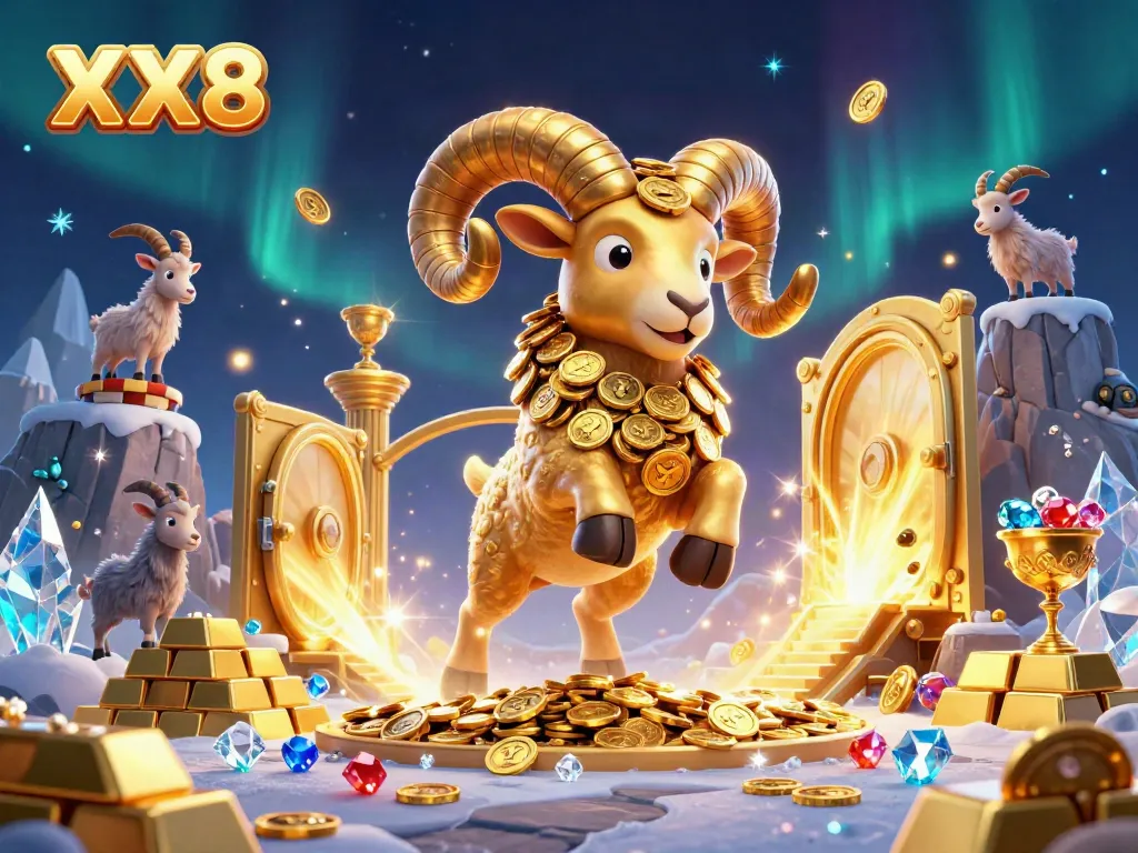 Experience thrilling gaming with the XX8 golden ram character charging through a treasure vault scene.