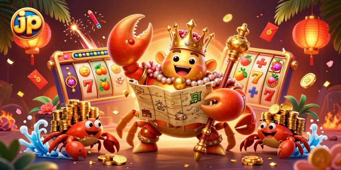 Engage with the jp online casino experience through vibrant slot reels and a golden crab emperor.