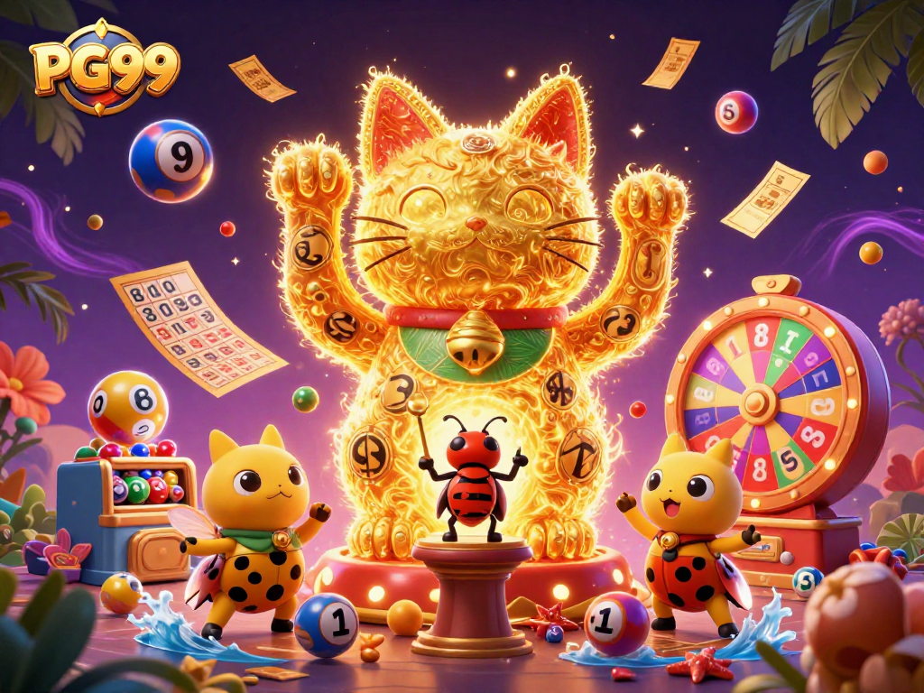 Engage with PG99's vibrant casino world filled with golden fireflies and colorful lottery elements.