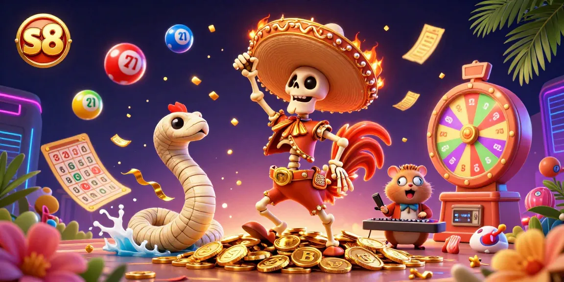 s8 brings excitement with a lively digital scene of a mariachi rooster celebrating amidst casino elements.