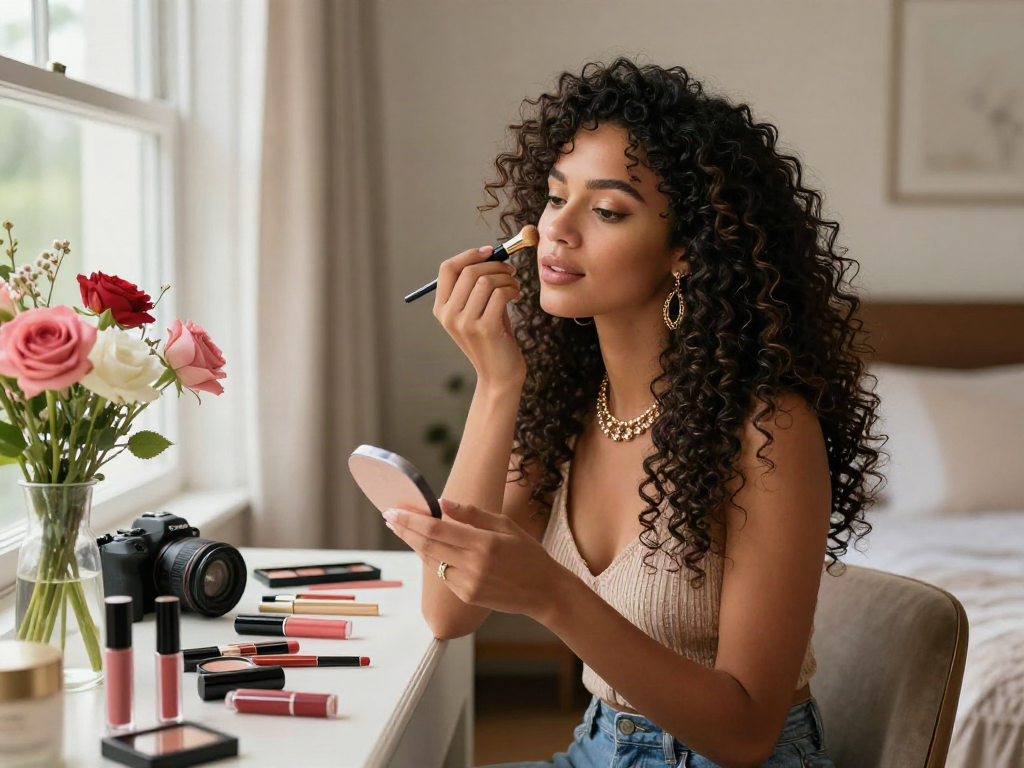 Beautiful woman enjoying curly hair extensions during her makeup routine, highlighting luxury and style.