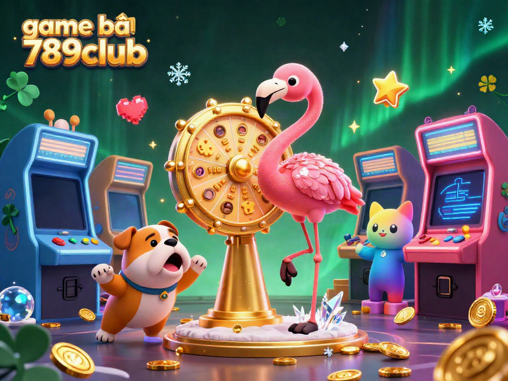 Spin the prize wheel at game bài 789club with vibrant 3D characters and arcade elements.