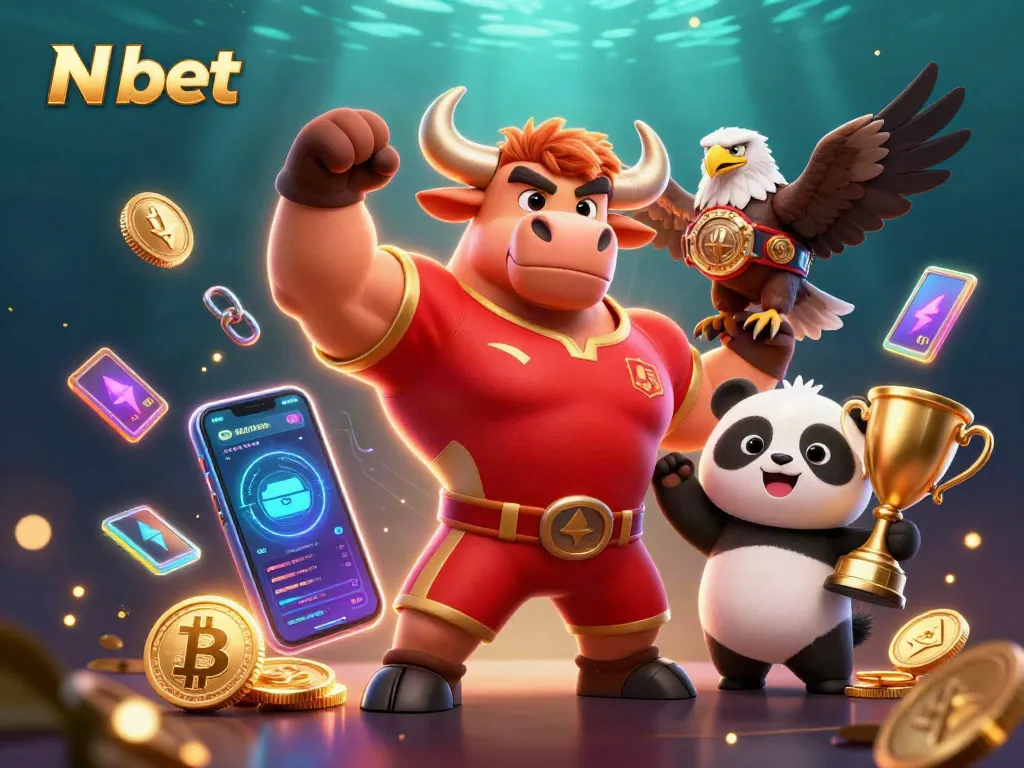 N bet features a muscular bull mascot celebrating victories with crypto elements and casino themes.