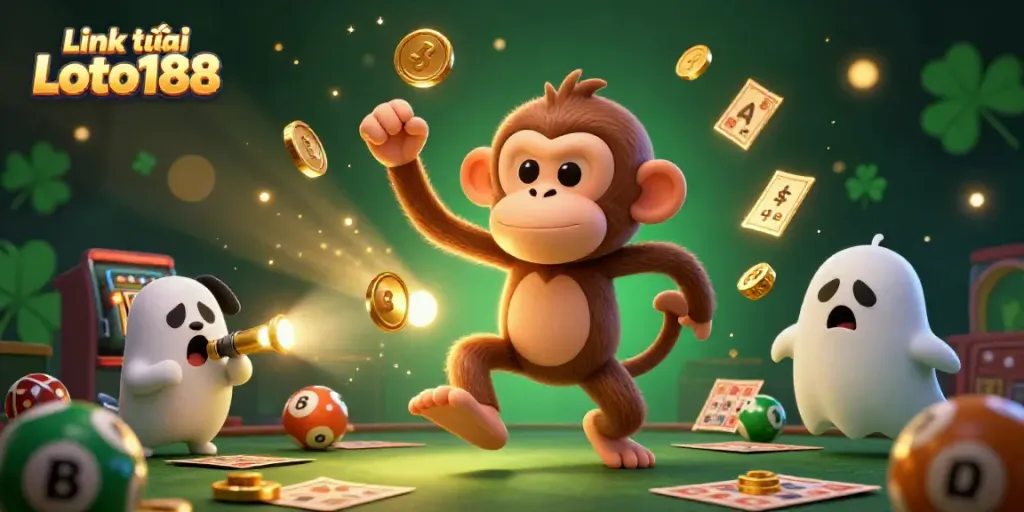 Engage with the Link vào Loto188 in an enchanting haunted casino with a mischievous monkey and a ghost-hunter puppy.