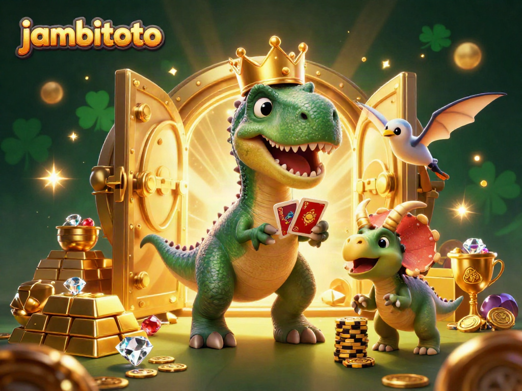 Engage in exciting gaming at Jambitoto, where a T-Rex shuffles cards as others stack chips in a vibrant casino.