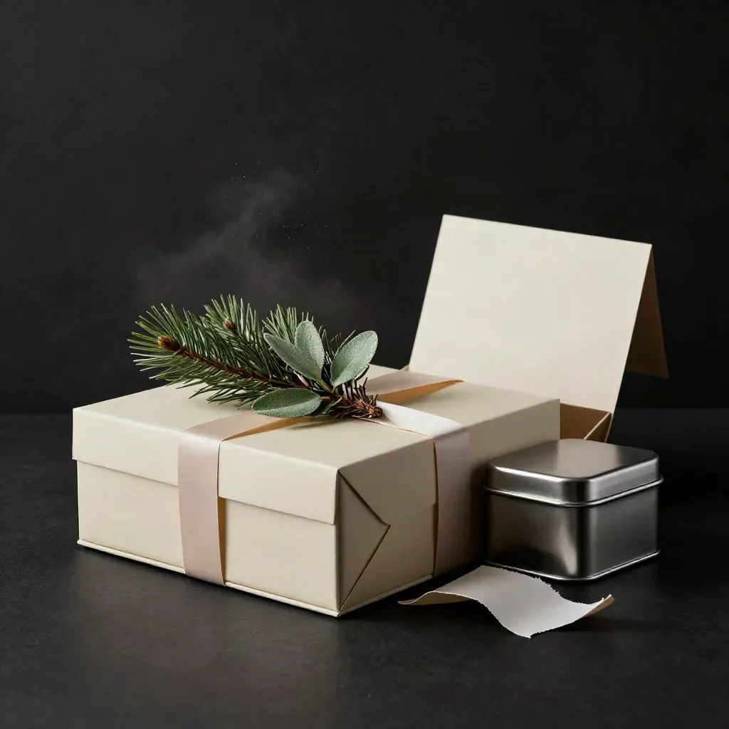 Holiday gift set in a cream box with cedar sprig, cookie tin, and folded wrap on a dark studio surface.