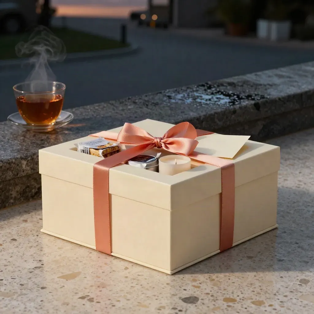 Open birthday gift box with tea, snacks, candle and card on travertine in cool twilight.