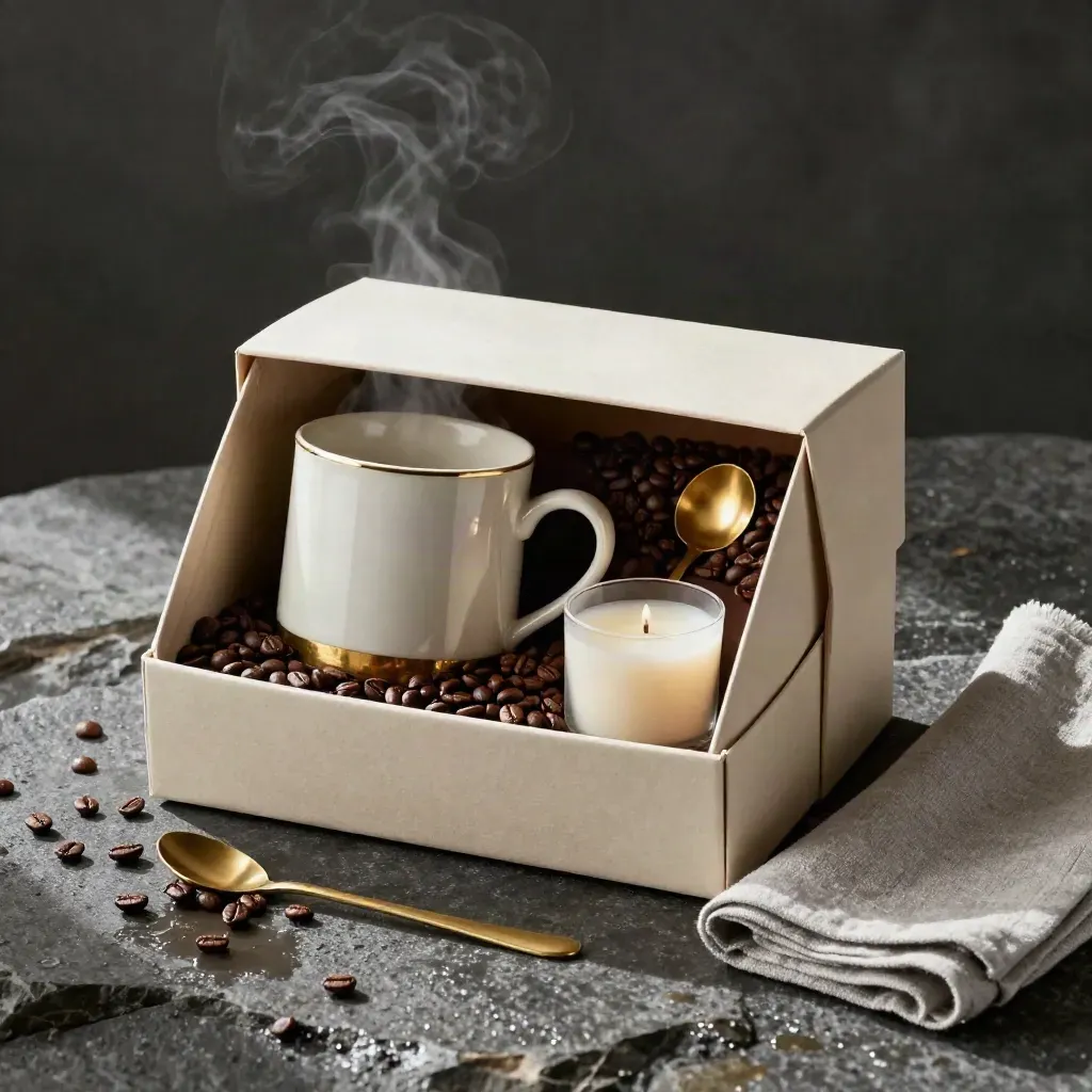 Coffee break gift box with mug, beans, spoon, candle on rain-darkened stone with steam.