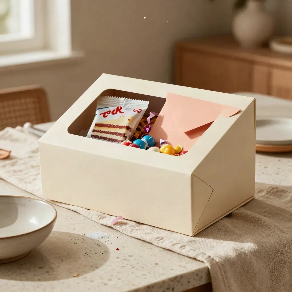 Birthday treat box with cake mix, candy, a sealed envelope, and confetti beside a ceramic bowl.