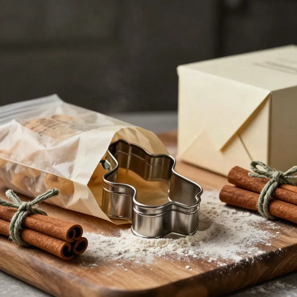 Macro of a holiday cookie kit with cutter, mix bag, parchment, cinnamon sticks, and wrapped box.