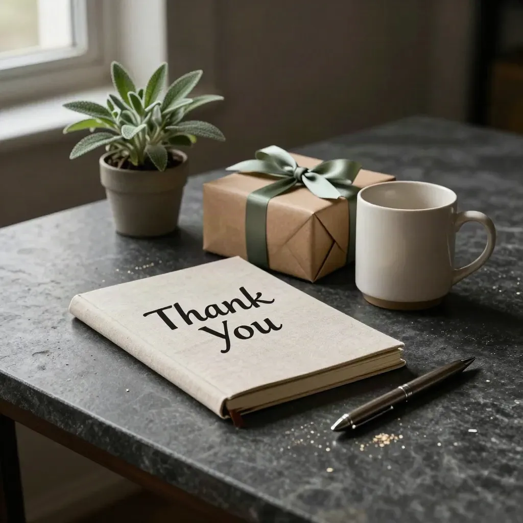 Gift thank-you kit on a stone desk with notebook, mug, plant, and box in moody window light