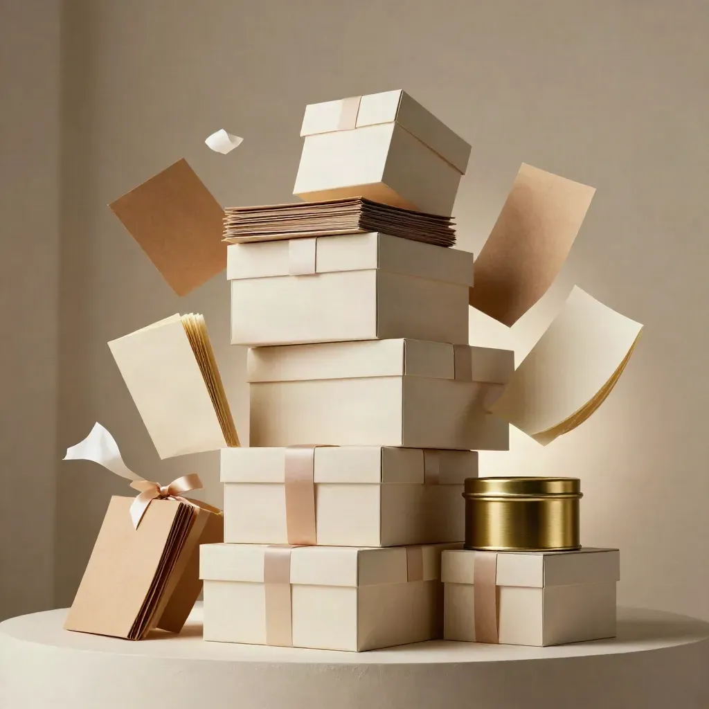 Gift box components stacked with ribbon, wrap sheets, tins, and cards in a glowing hero composition.