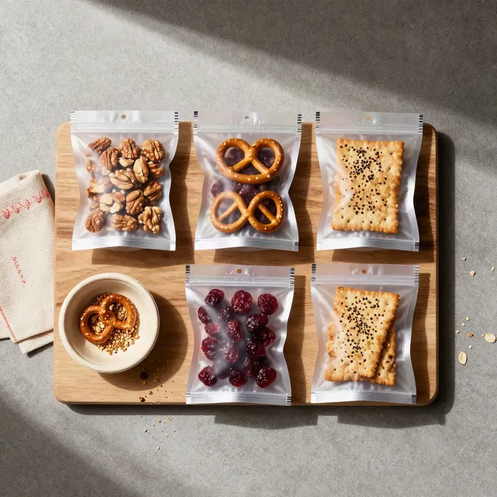 Overhead snack sampler flatlay with four packs, bowl, napkin and board on concrete.