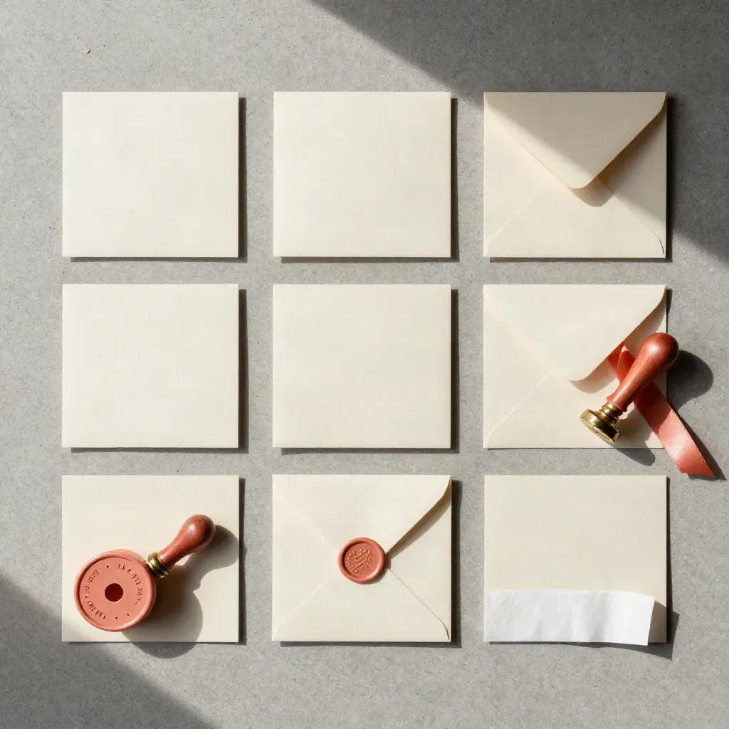 Overhead flatlay of cards, wrap sheets, ribbon spools, wax seal and envelopes on concrete.