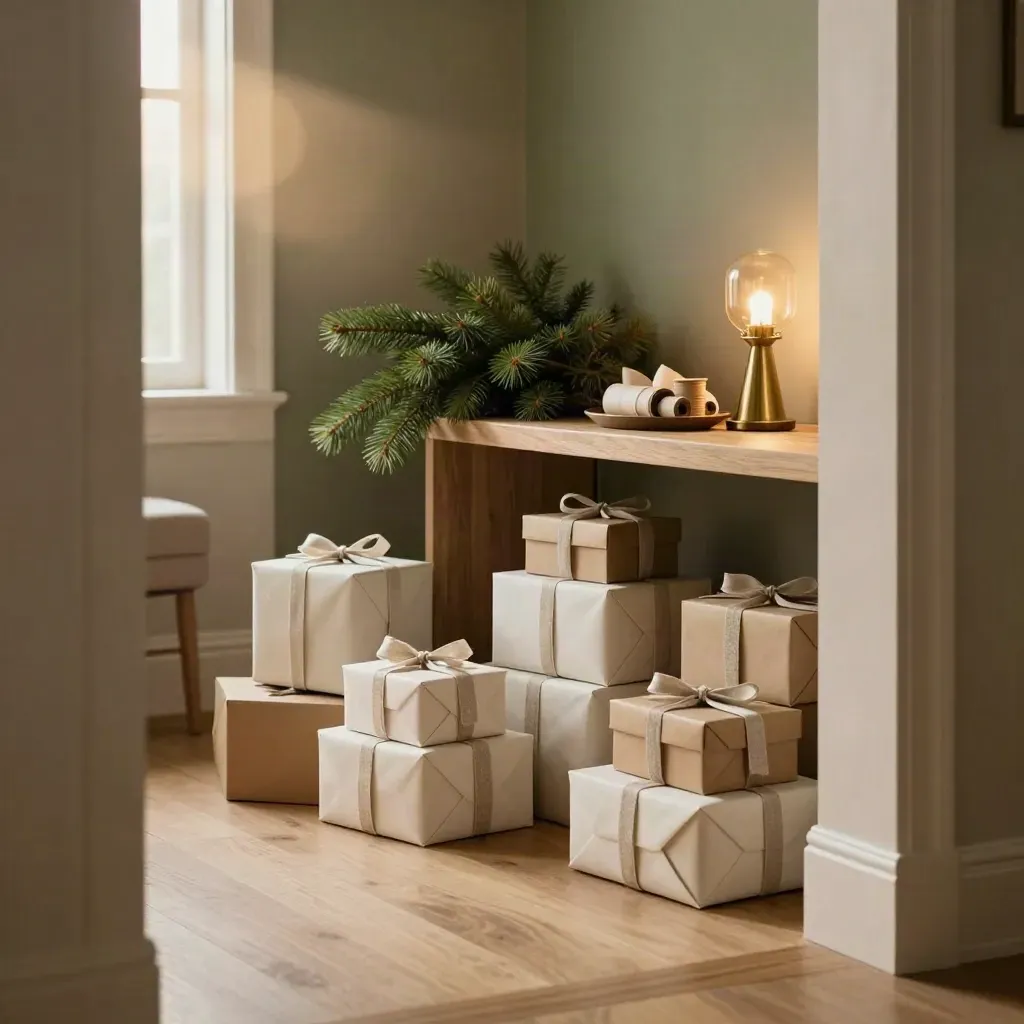 Warm living-room corner with stacked gift boxes, evergreen branches, and glowing lamp in soft holiday light